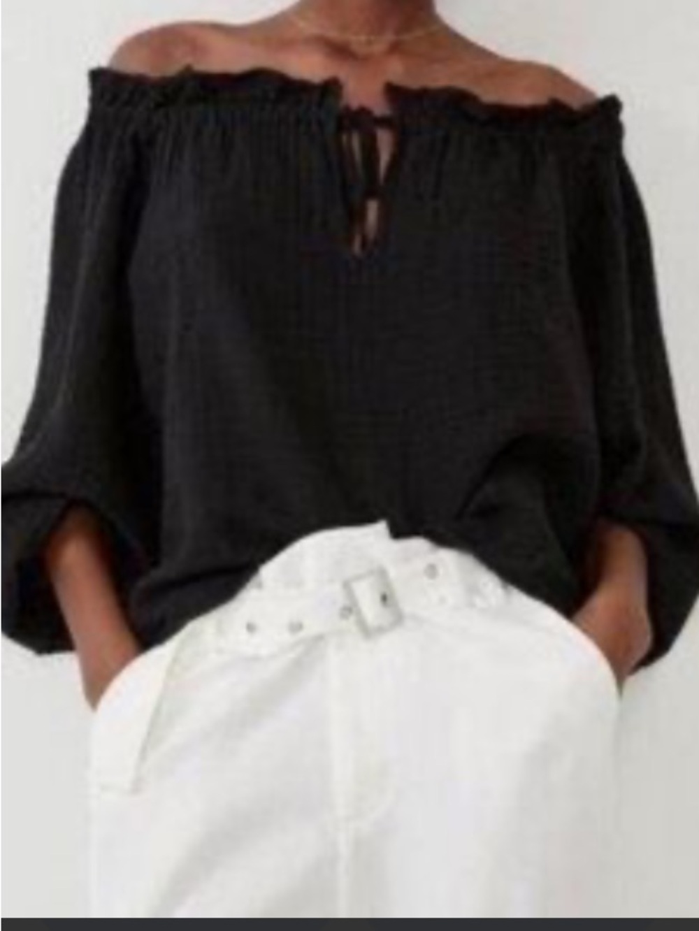 Zara crinkle cotton black off the shoulders puff sleeve blouse NWOT Medium